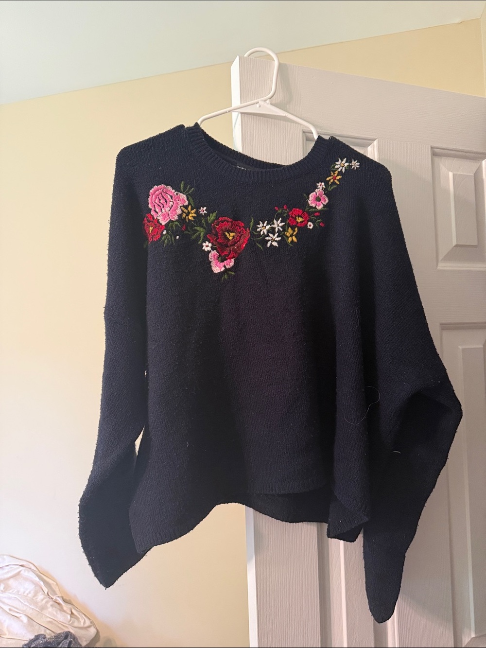 Bershka Navy Blue Crewneck Sweater with Pink & Red Floral Embroidery